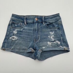 American Eagle Hi-Rise Shortie Distressed Denim Shorts Medium Wash Womens Size 8